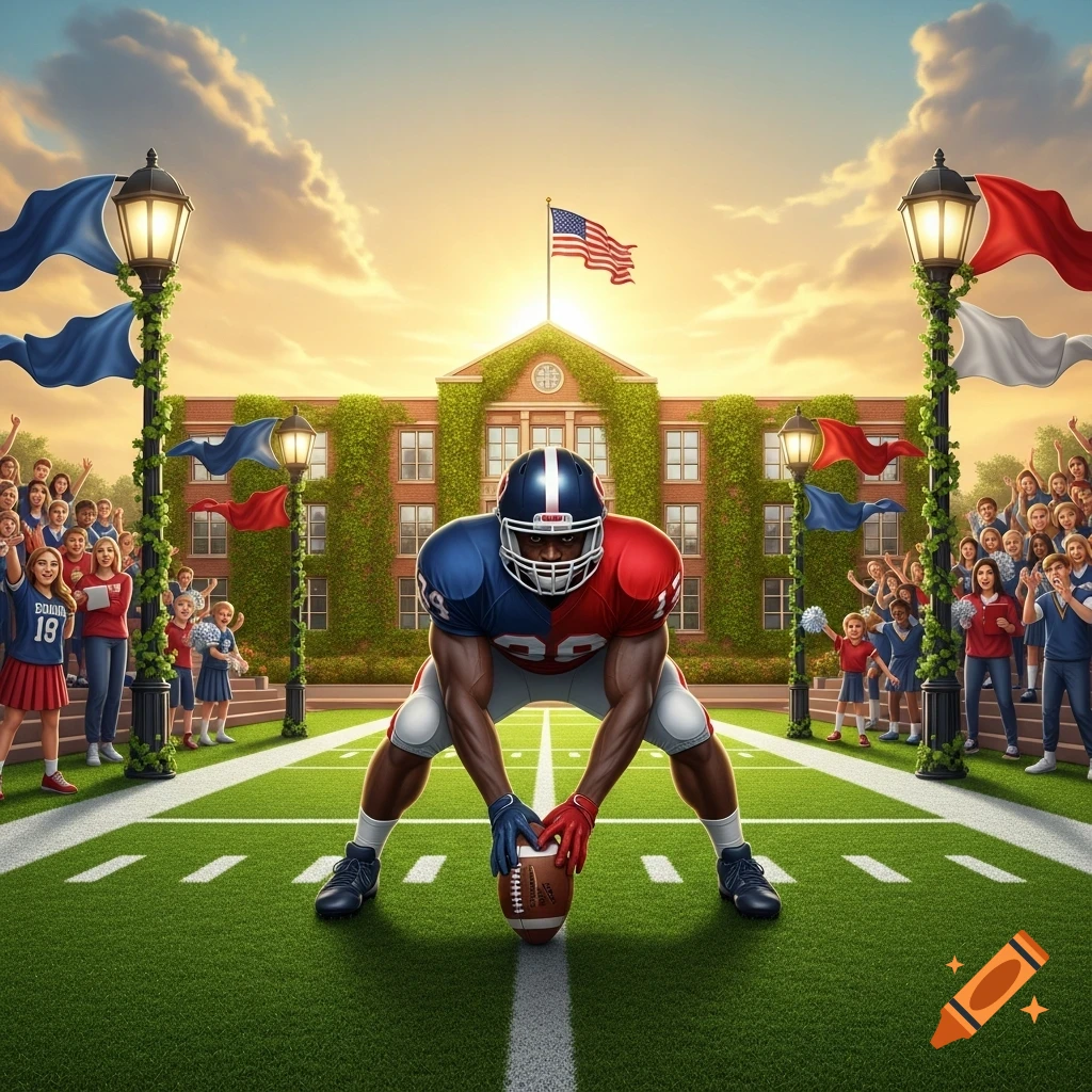 A football player in a red and blue uniform crouches with a football on a field in front of a school building, surrounded by cheering spectators and flags.