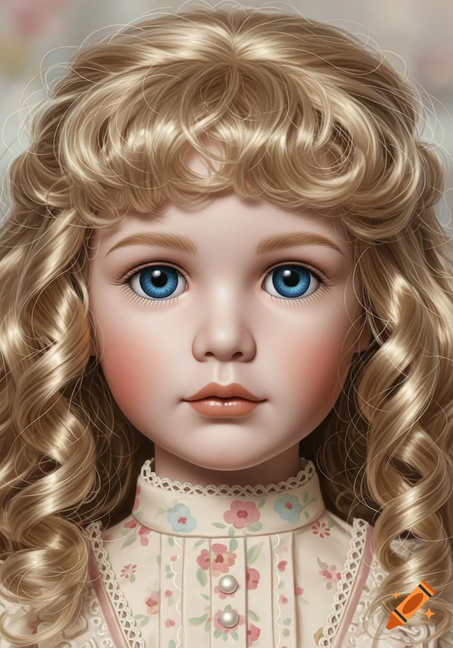 Close-up portrait of a blonde doll with big blue eyes, rosy cheeks, and a floral dress.