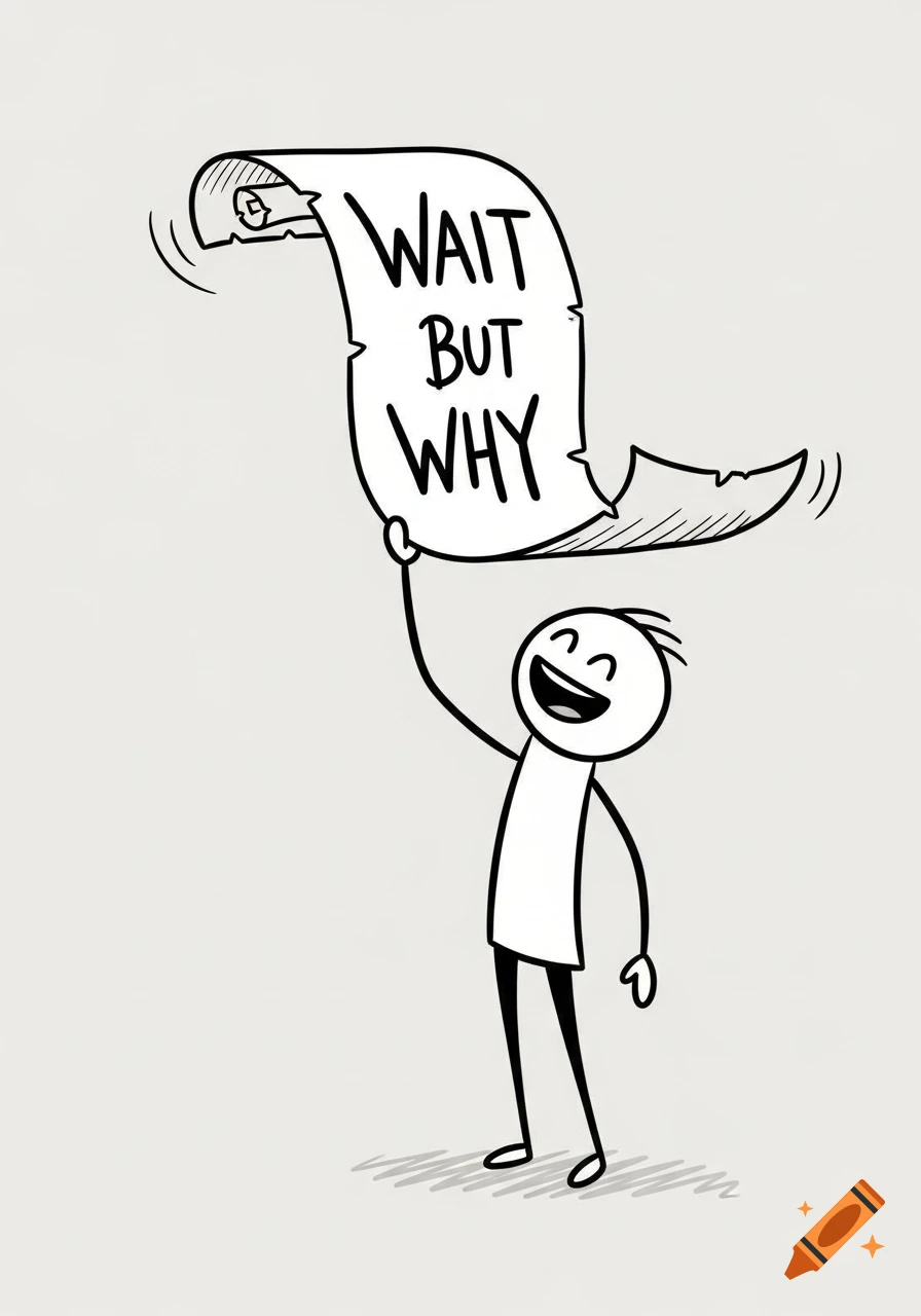 A smiling stick figure joyfully holds up a scroll that reads "WAIT BUT WHY" in a cartoonish black and white illustration.