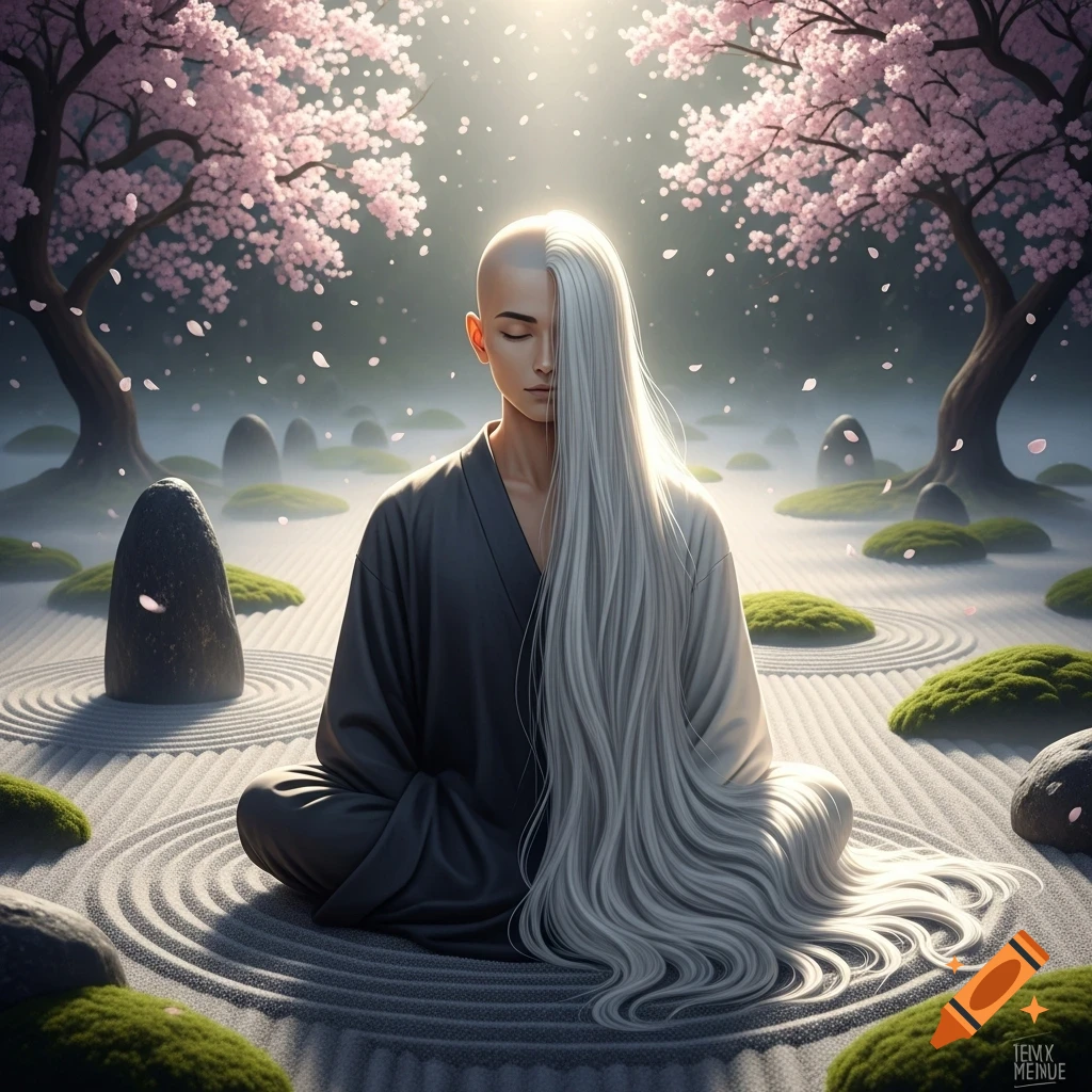 A person with a half-shaved head and long white hair meditates in a peaceful zen garden under blooming cherry blossom trees.