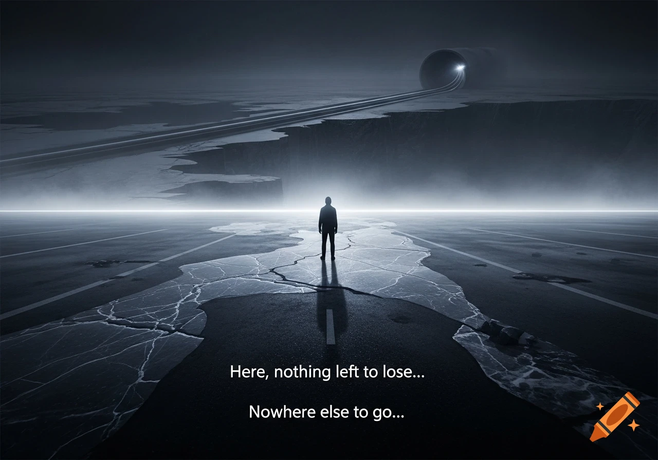A lone silhouetted figure stands on a cracked, wet road looking towards a bright light in a distant tunnel, under a dark, misty sky with text at the bottom.