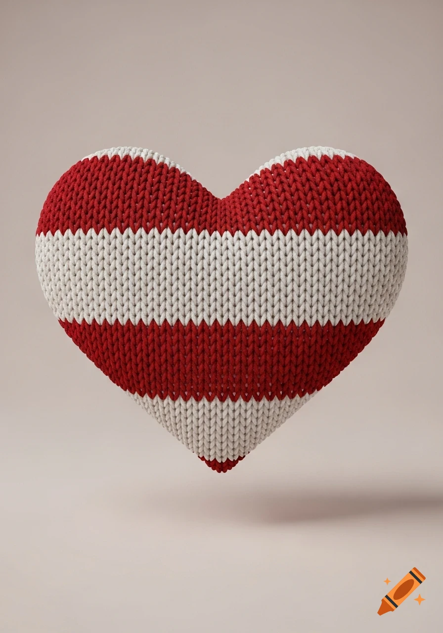 A red and white striped knitted heart floats above a light beige background.