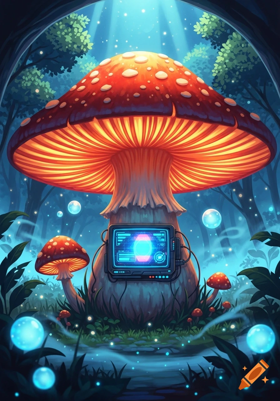 Anime style illustration of a large, glowing red mushroom with a digital screen on its stem, surrounded by smaller mushrooms in a magical forest.
