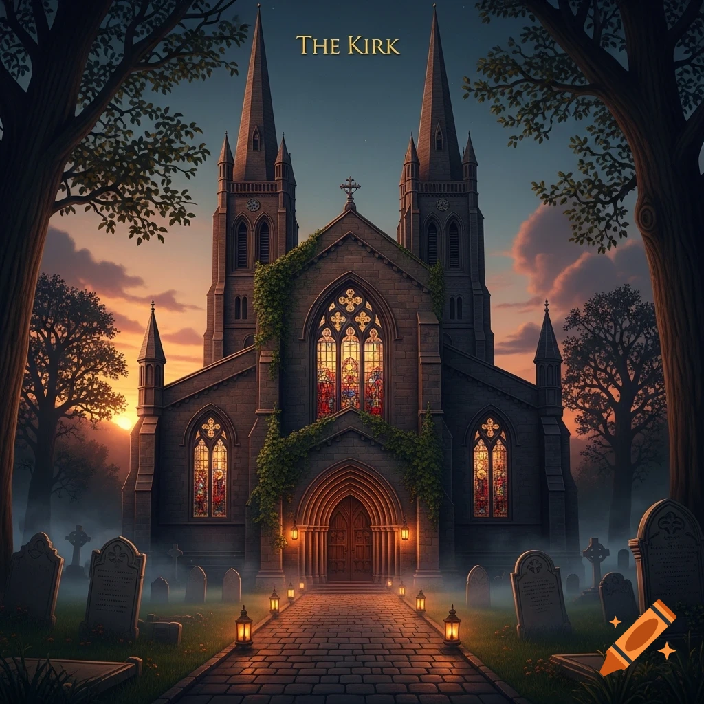 Gothic church with spires, glowing stained-glass windows, and a lantern-lit path through a graveyard at sunset. Text: THE KIRK.