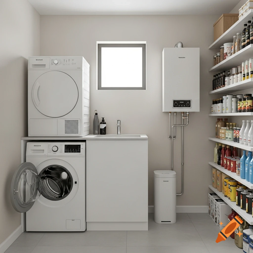 Photorealistic laundry room with stacked washer and dryer, sink, water heater, and shelves filled with food items.