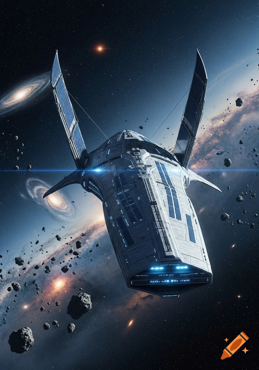 A futuristic white and grey spaceship with solar panels and blue lights flies through a vibrant galaxy with stars and asteroids.