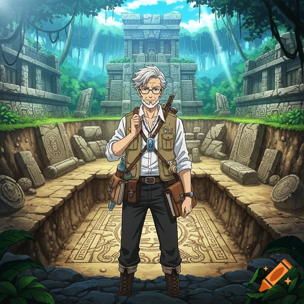Anime-style illustration of a grey-haired man in an explorer's vest standing in a jungle amidst ancient stone ruins.