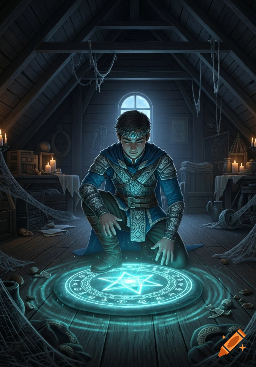 A young sorcerer kneels in a dimly lit attic, hands hovering over a glowing magical star-rune circle on the floor, surrounded by candles and old objects.