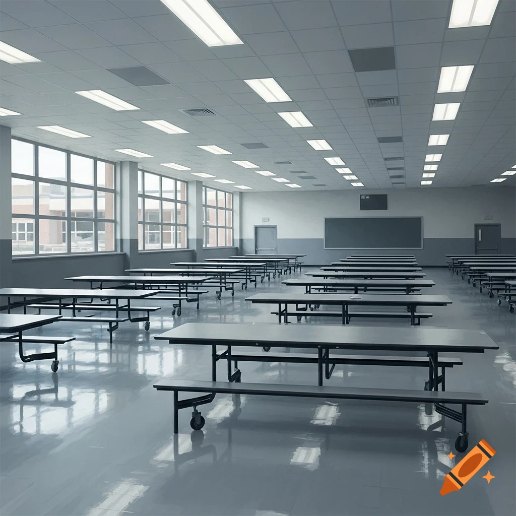 An empty, brightly lit high school cafeteria with rows of long tables and benches, large windows, and a dark chalkboard.
