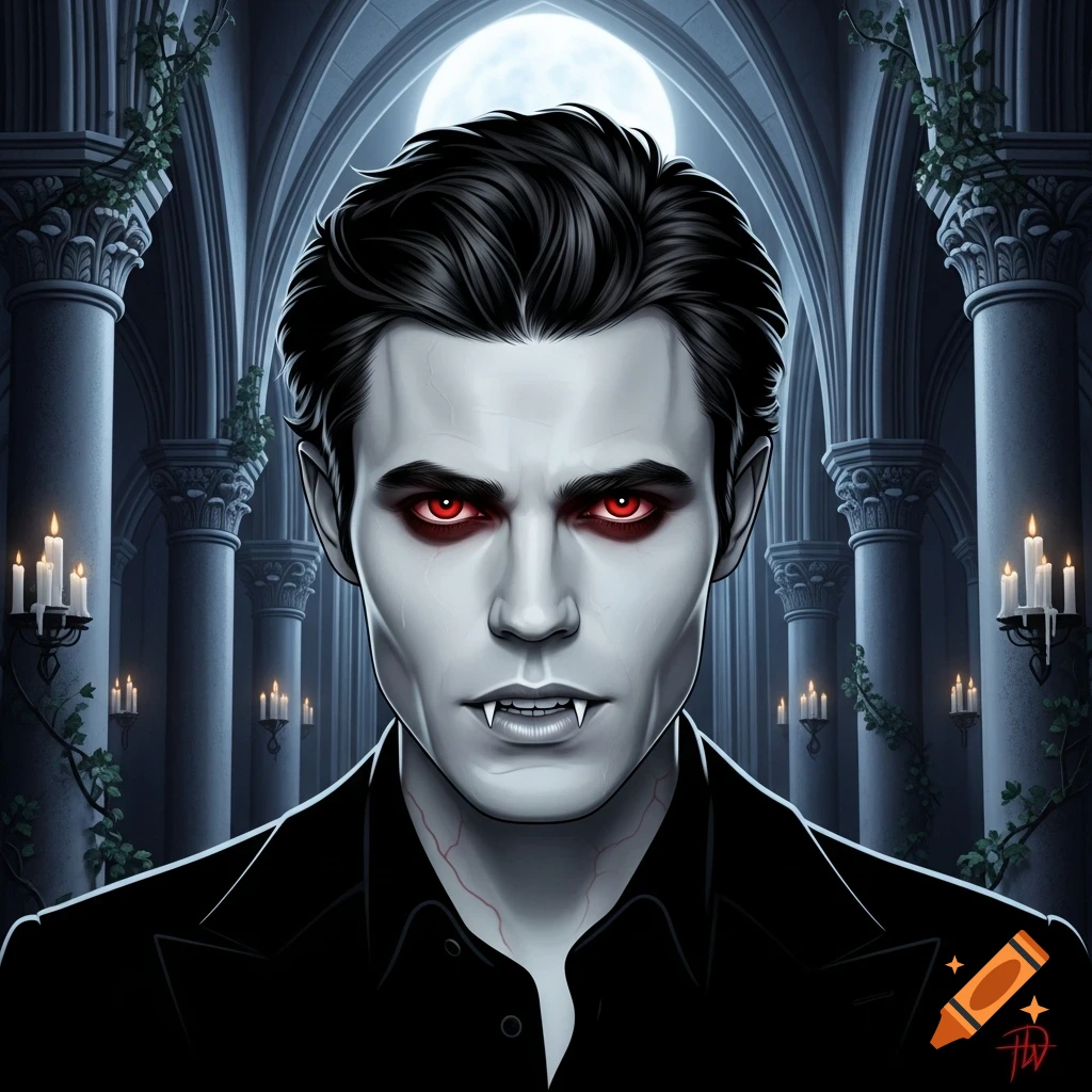 A stylized illustration of a male vampire with pale skin, red eyes, and fangs, wearing a black shirt, in a gothic hall with candles and a full moon.
