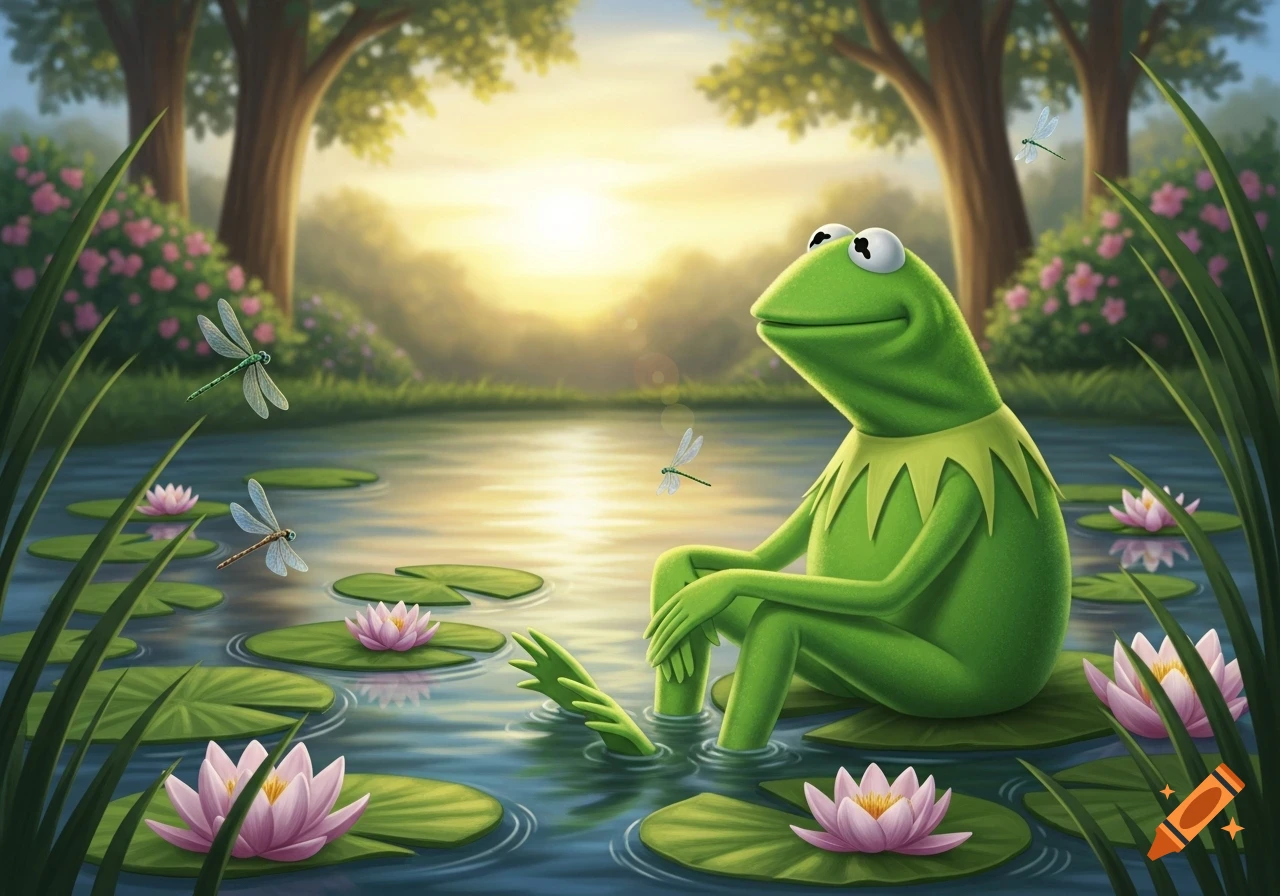 Kermit the Frog sits peacefully in a pond among lily pads and pink water lilies, with dragonflies flying around at sunset.