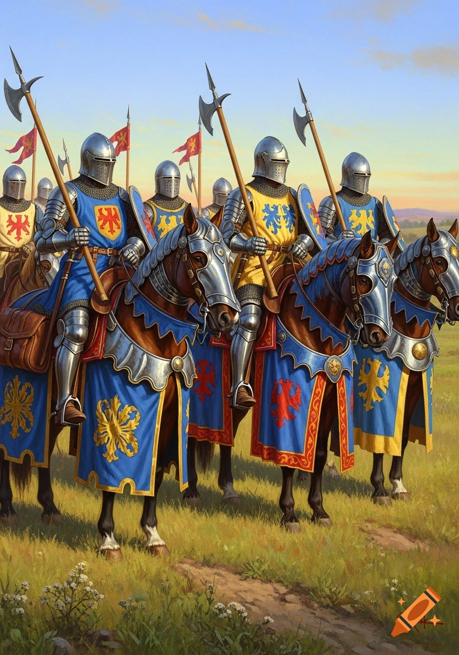 An oil painting of a retinue of medieval knights on armored horses, wearing colorful tabards and carrying battle axes, riding in a field.
