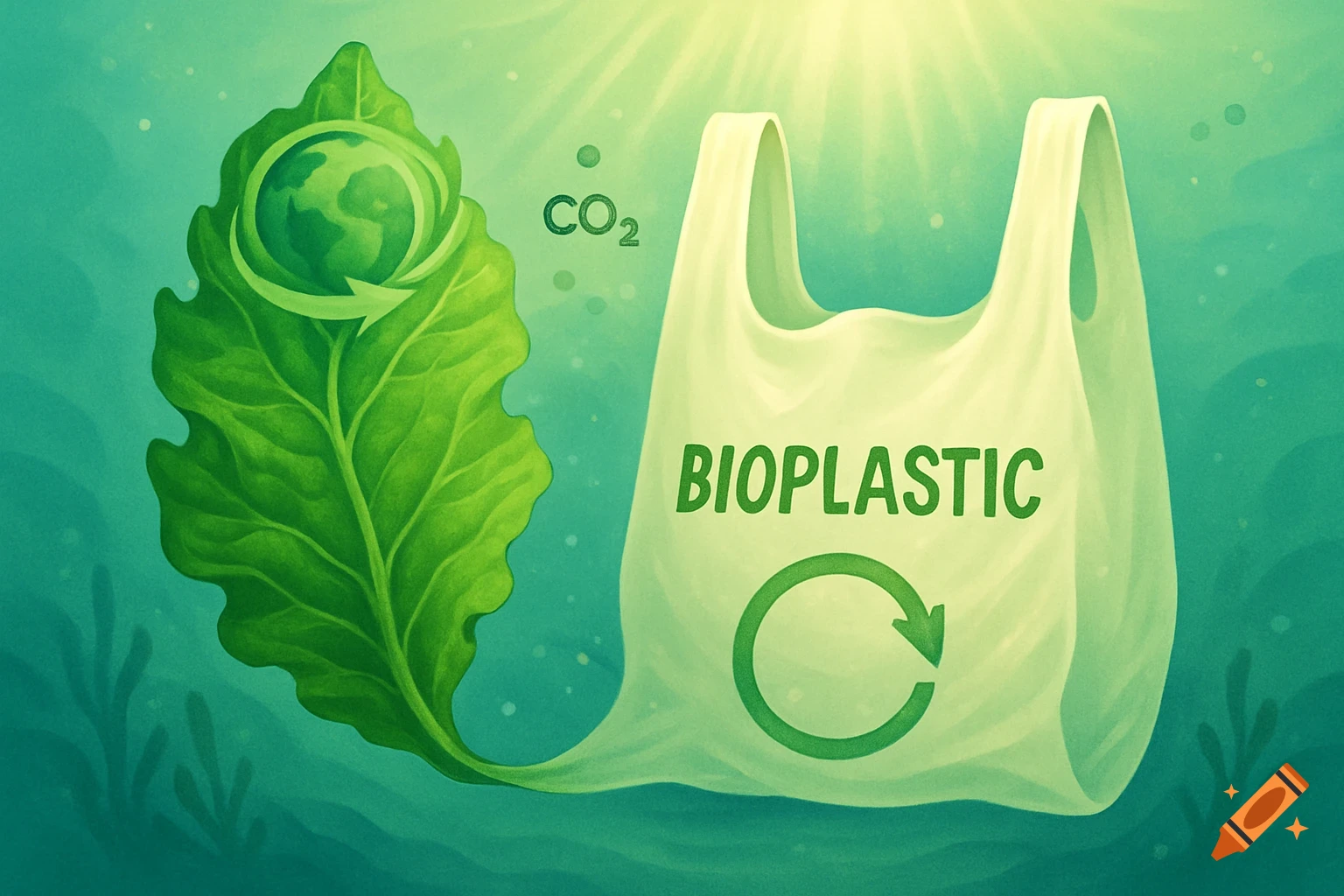 Illustration of a green leaf with a globe and recycling arrow, connected to a white BIOPLASTIC bag, with CO2 text in a teal, aquatic background.