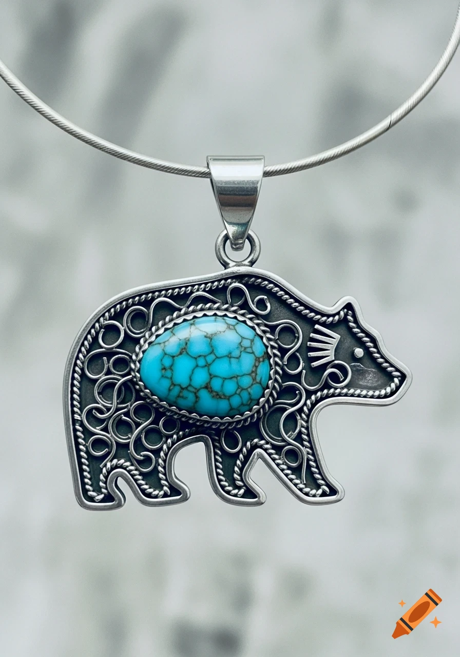 A photorealistic image of a detailed silver bear-shaped pendant with a prominent turquoise stone, hanging from a thin silver chain.