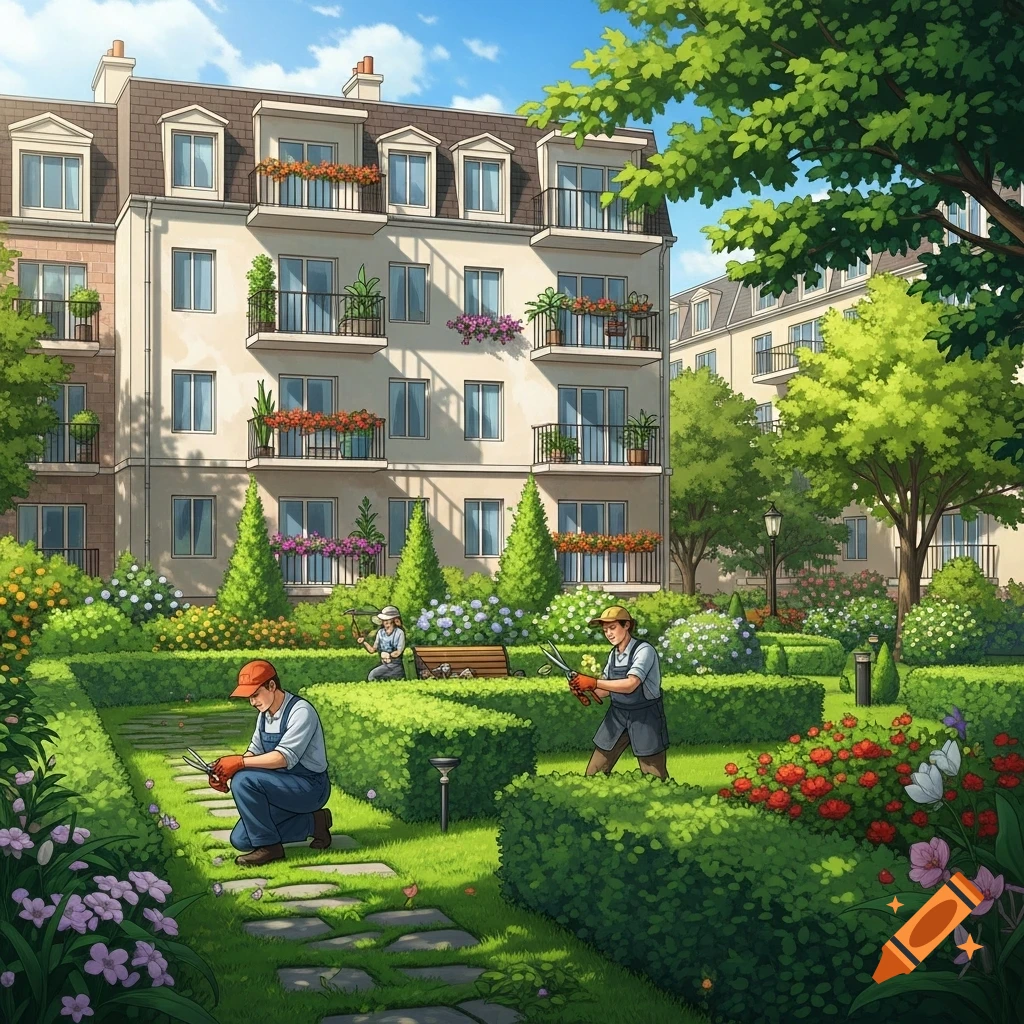 Gardeners tend to a lush garden with manicured hedges and vibrant flowers in front of a large apartment building.