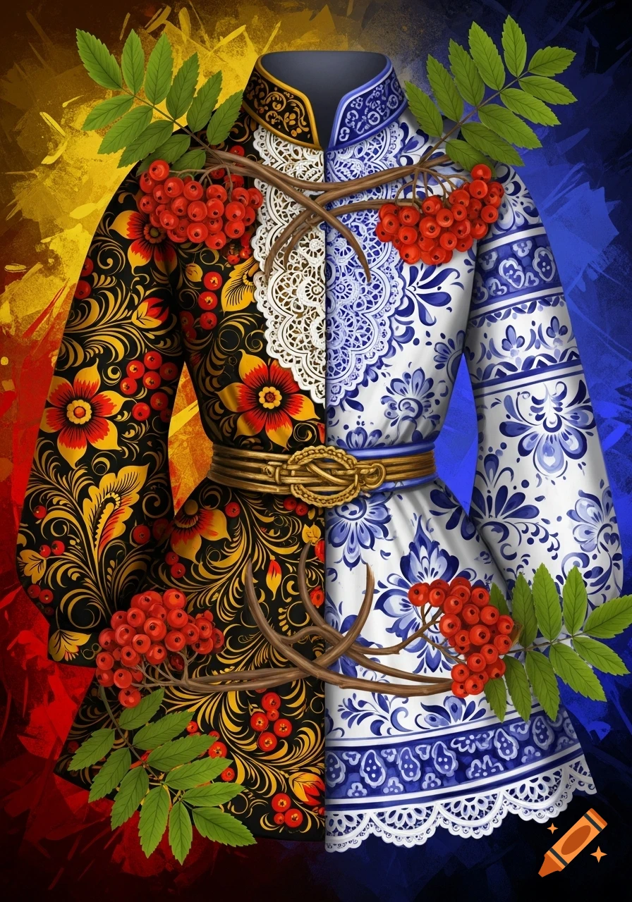 A painted garment featuring Khokhloma (gold, red, black) on the left and Gzhel (blue, white) on the right, adorned with rowanberry sprigs.
