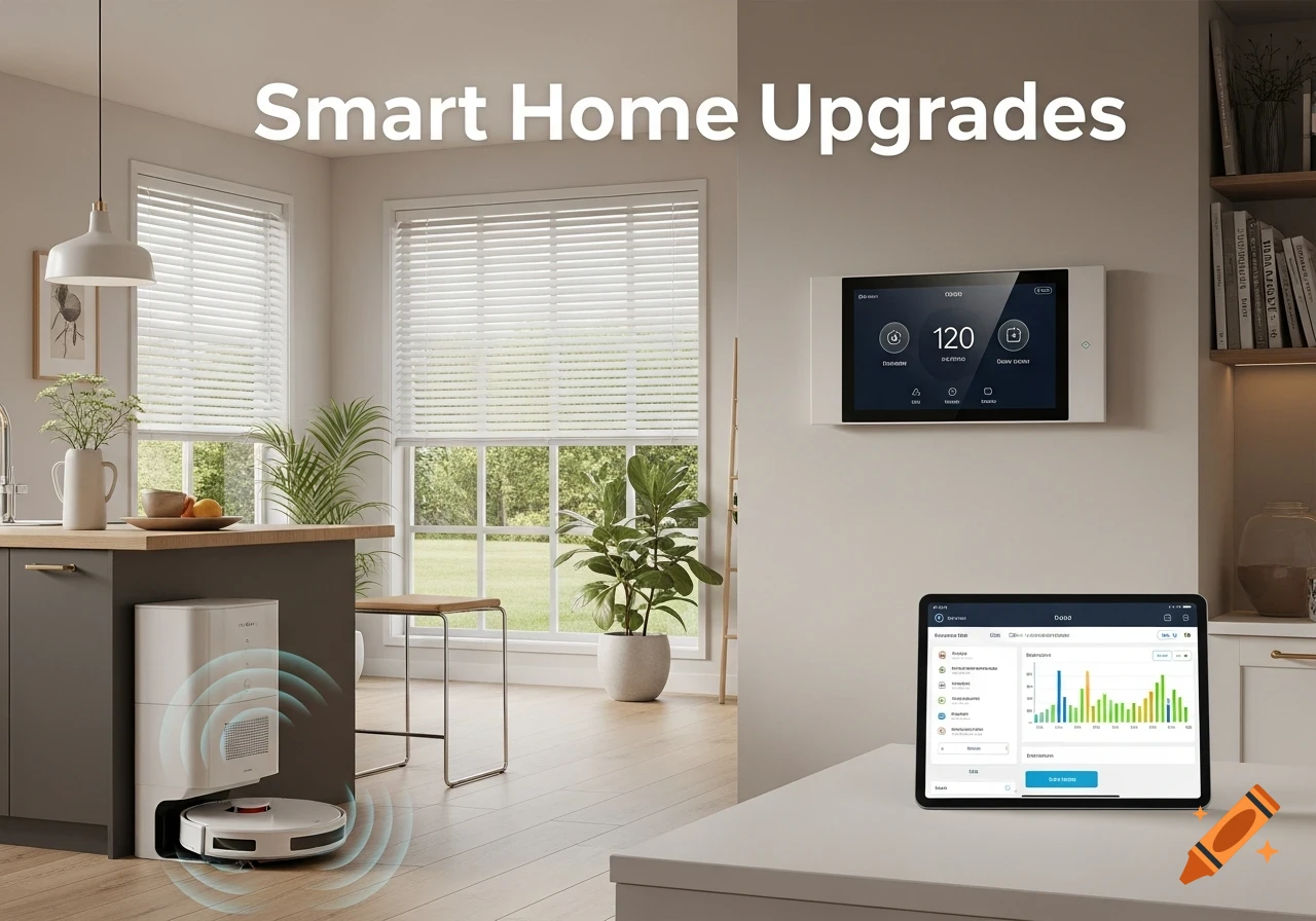 Modern smart home interior with a robotic vacuum, wall display, and tablet, showcasing smart home upgrades.