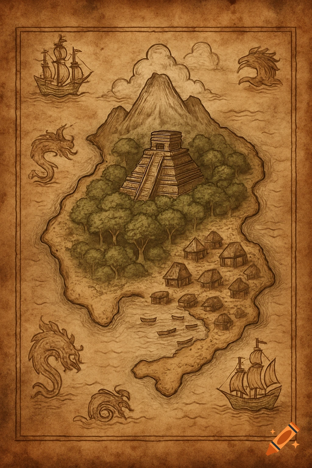 Hand-drawn ancient map of a tropical island with an Aztec temple, fishing village, mountains, ships, and sea monsters on antique paper.