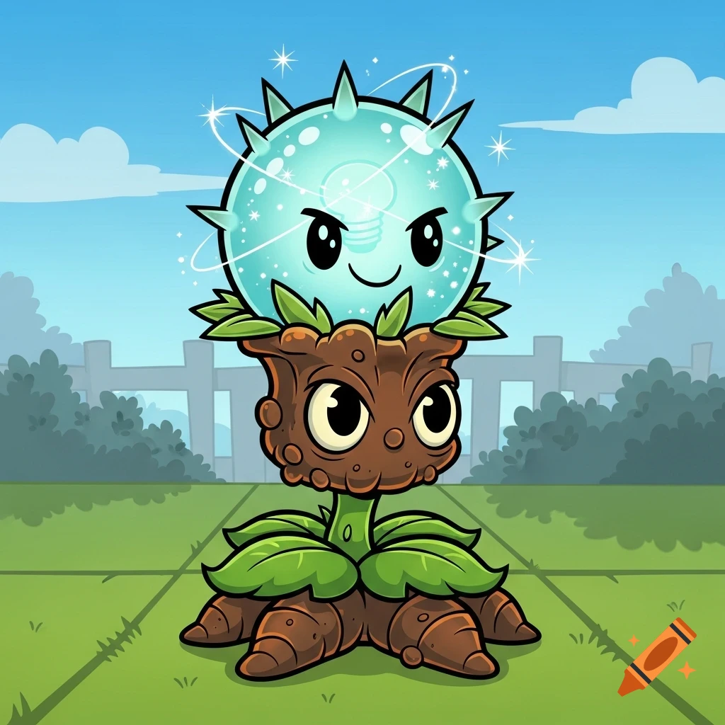 A cartoon plant character with a brown root-like body, green leaves, and a glowing turquoise orb head with a lightbulb icon, set on a lawn.