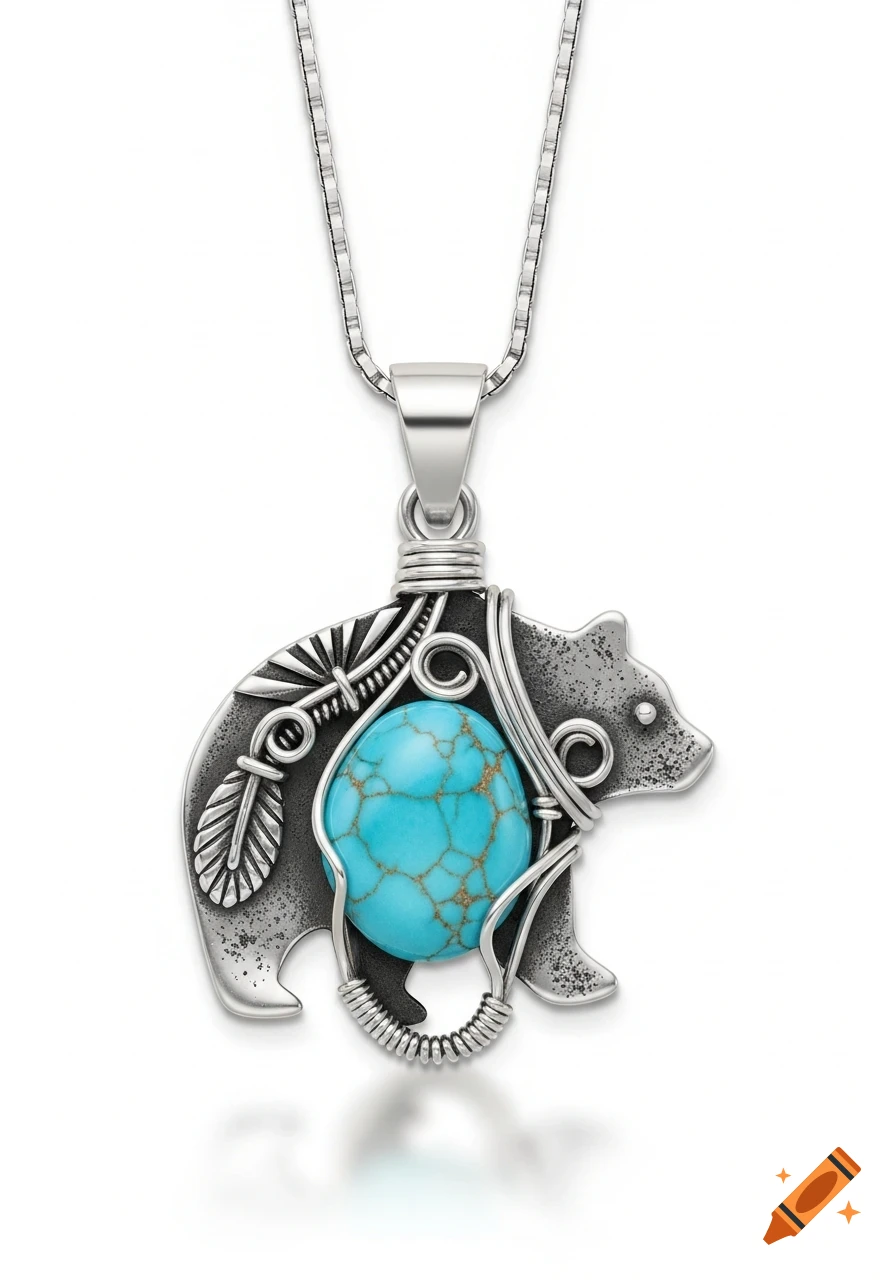 A silver bear-shaped pendant with a prominent oval turquoise stone set in a wire-wrapped design, hanging from a thin silver chain on a white background.
