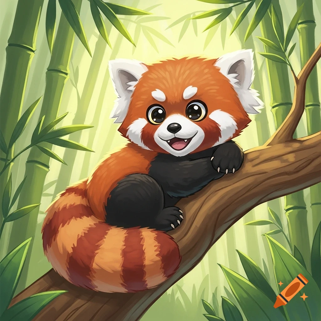 A cute, comic-style red panda with big eyes sits on a tree branch in a bright bamboo forest.