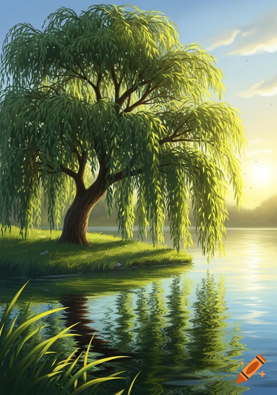 An illustrated willow tree with long green leaves stands by calm water, reflecting a warm sunset sky.