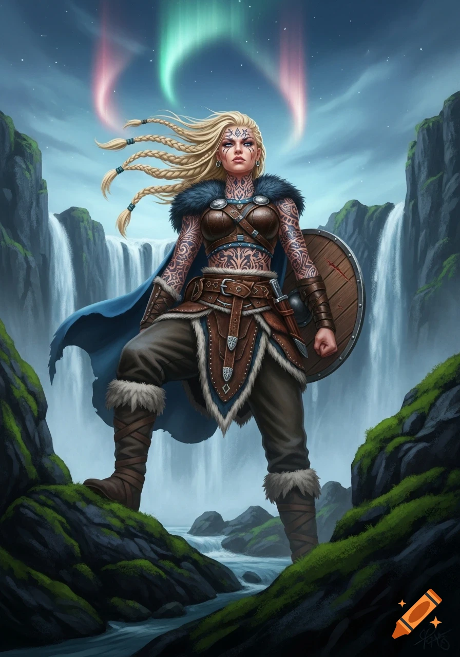 A blonde female Viking warrior with tattoos stands on rocks before waterfalls and an aurora-lit sky in an illustrative style.