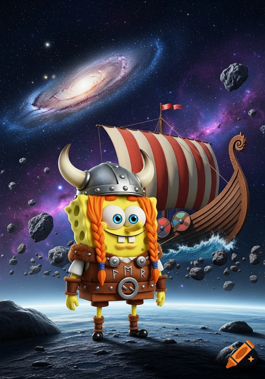 Spongebob Viking in space, wearing a horned helmet and armor, standing on a planet with a longship and galaxy, 3D animation.