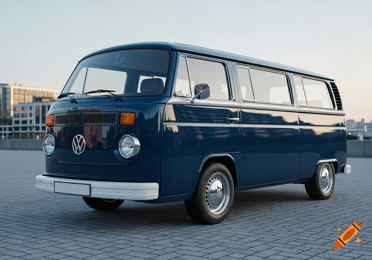 A photorealistic dark blue classic Volkswagen van with a white bumper parked on a tiled surface.