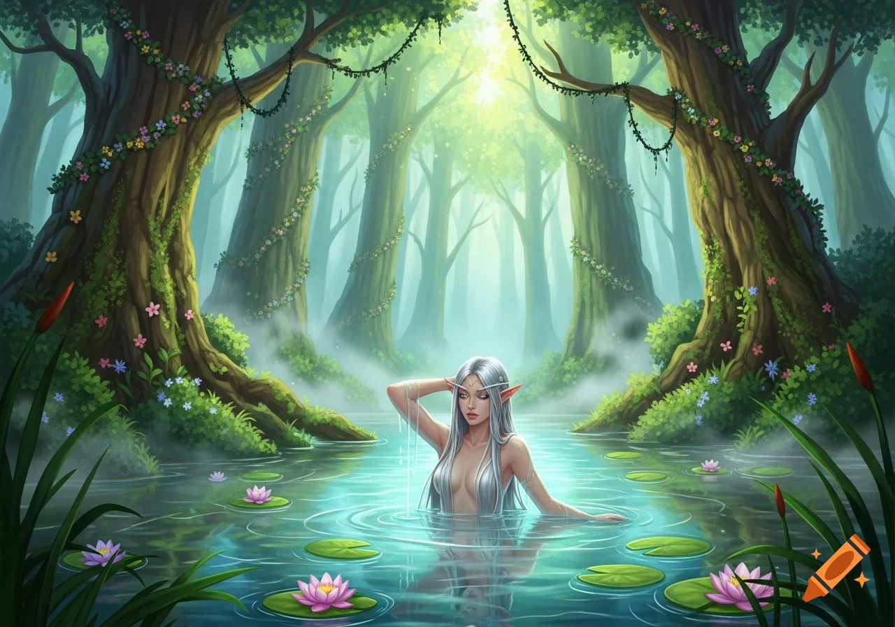 A silver-haired elf woman bathes in a mystical forest lake surrounded by lush trees, mist, and pink lily pads, digital painting.