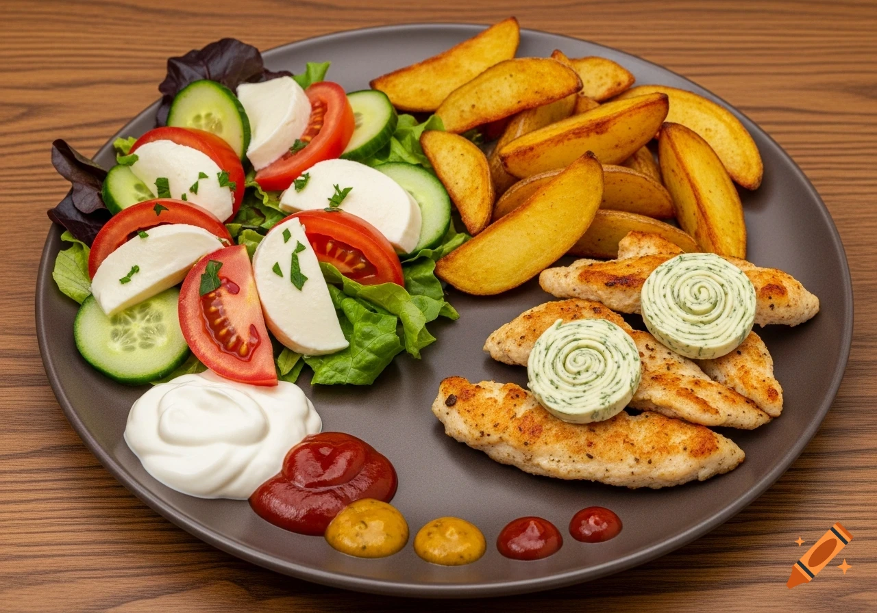 A full plate features crispy chicken strips with herb butter, golden potato wedges, a fresh salad of mozzarella, tomato, and cucumber, and various sauces.