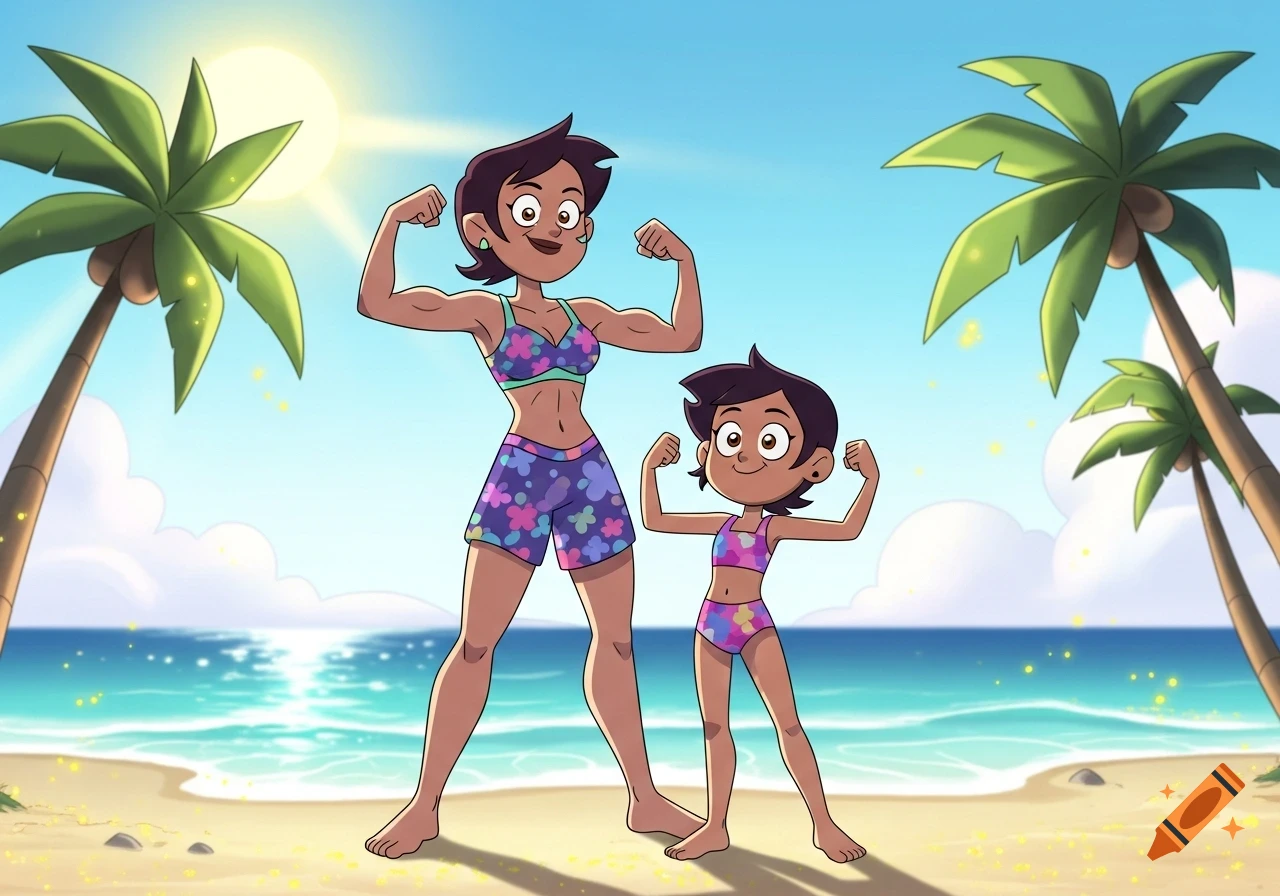 Luz's mom and Luz from The Owl House flex their muscles on a sunny beach in a colorful cartoon style.