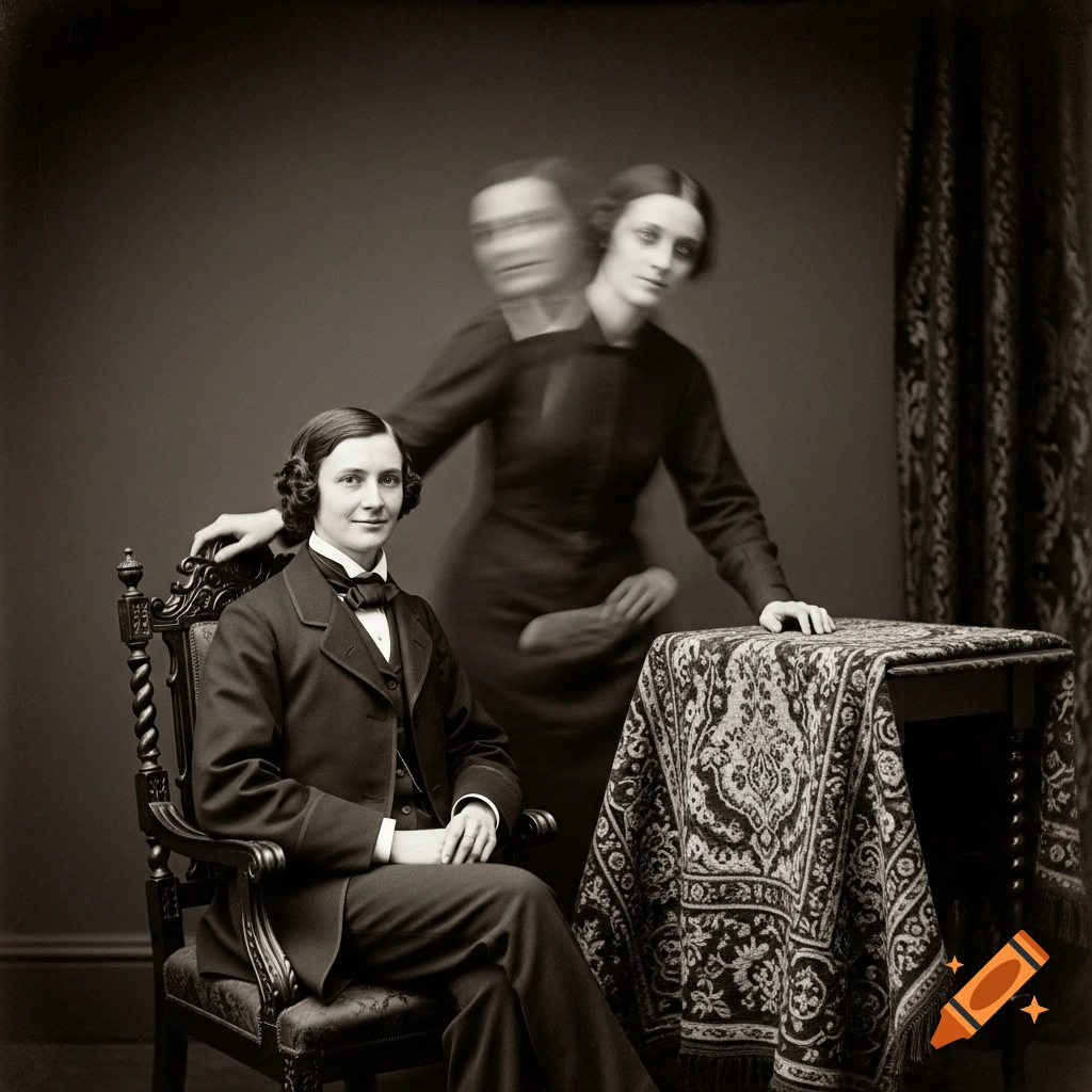 Sepia-toned vintage portrait of a seated person, with a semi-transparent, blurry ghost standing behind them.