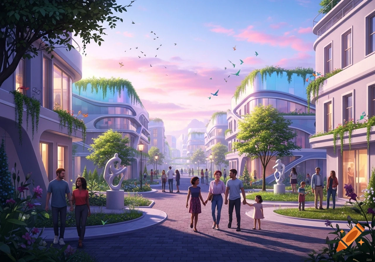 A vibrant utopian city street with modern, curvilinear buildings adorned with greenery, under a pink and purple sky. Families and individuals stroll along a paved pathway.