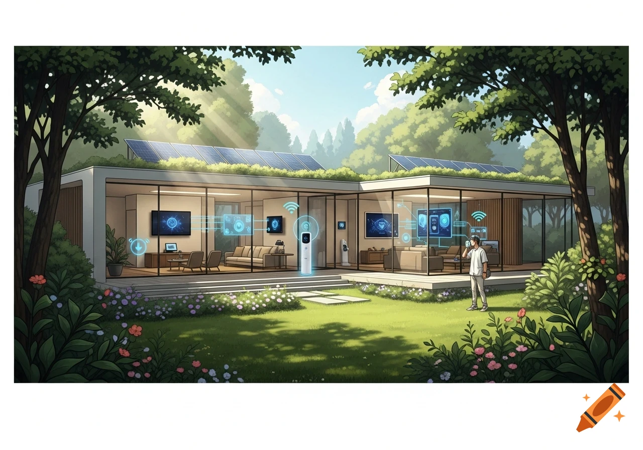 A modern smart home with solar panels, a green roof, and large windows, surrounded by a lush garden. A man uses a smart device outdoors, with holographic UI elements visible inside and around the house, illustrating Smart Home Upgrades.