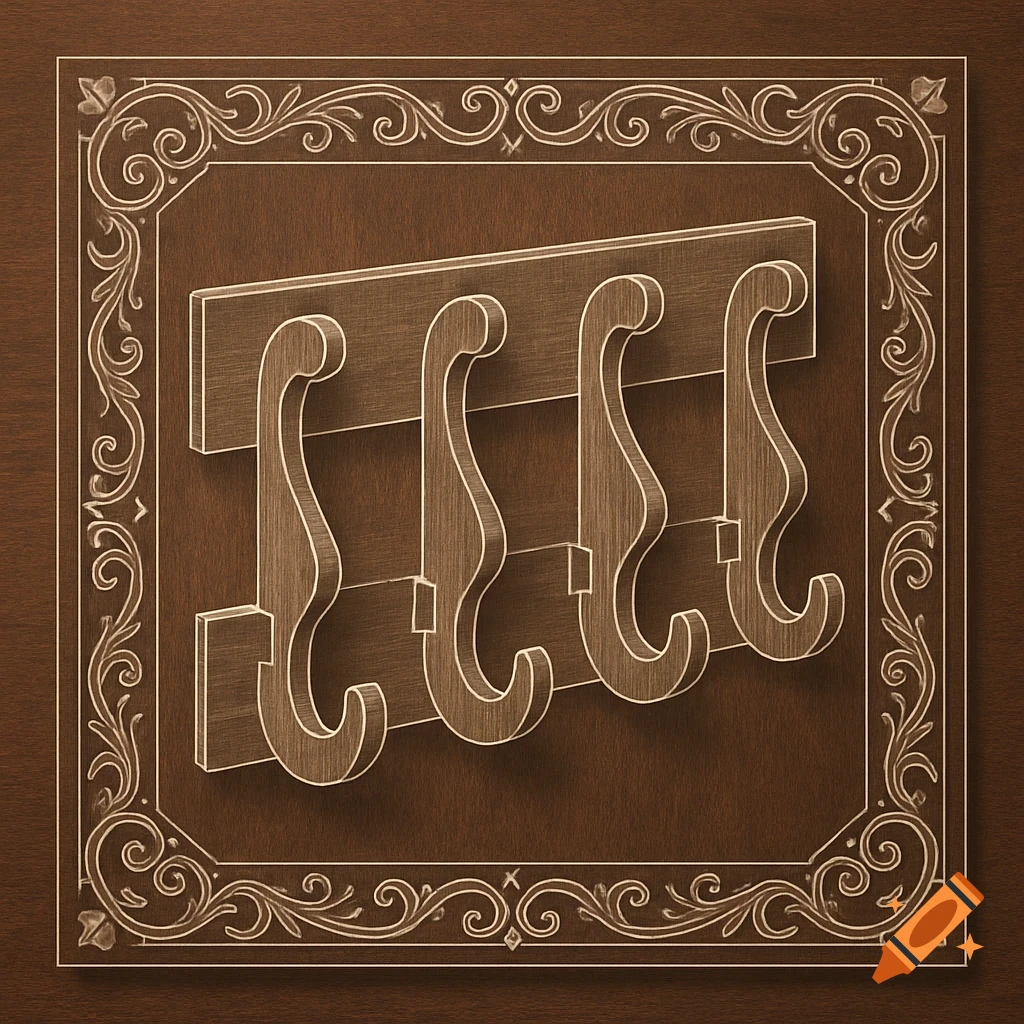 An illustrative pattern of four coat hooks on a wooden board, framed by intricate scrollwork.