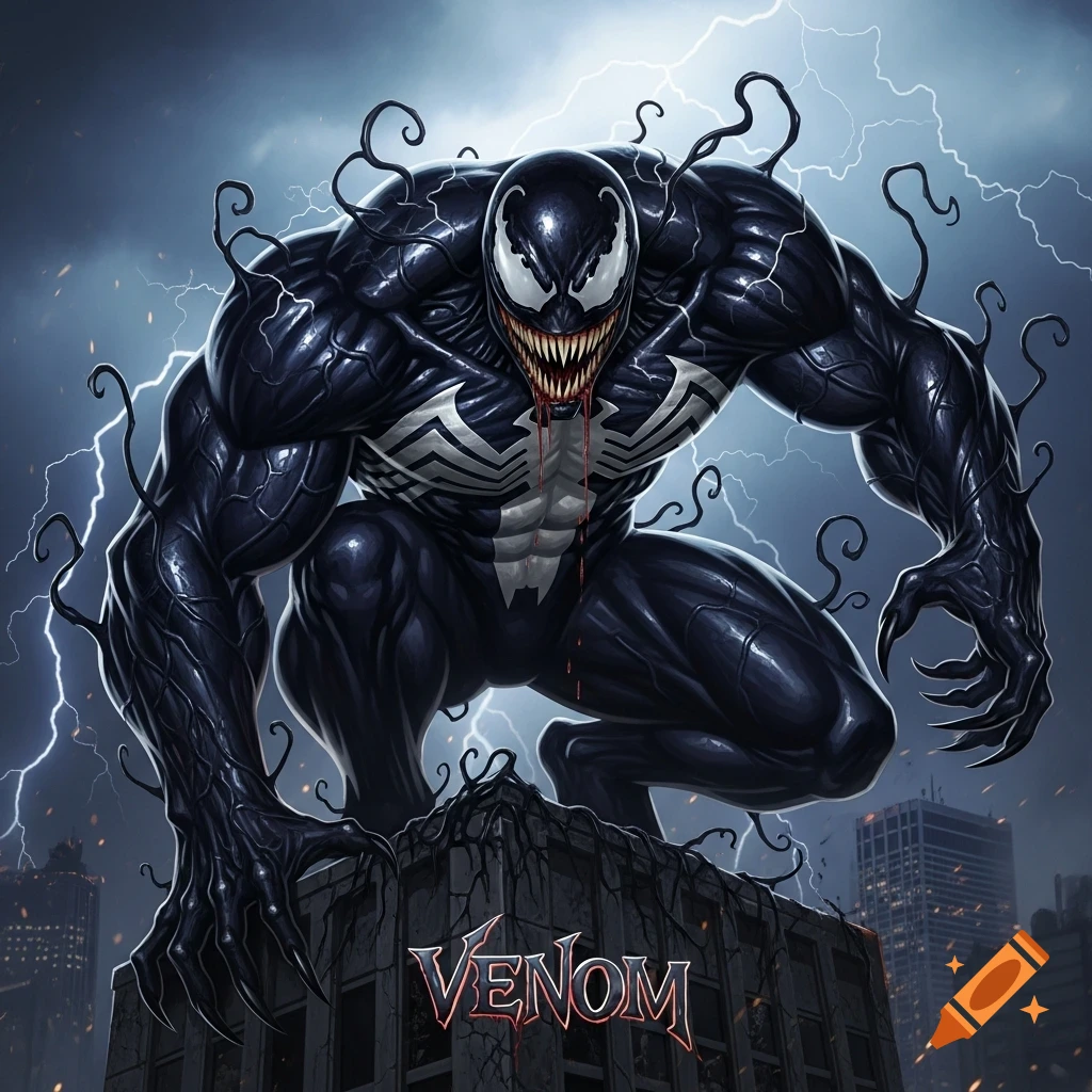 The black symbiote Venom crouches on a city building's roof, showing sharp teeth and a long tongue, against a stormy sky with lightning.
