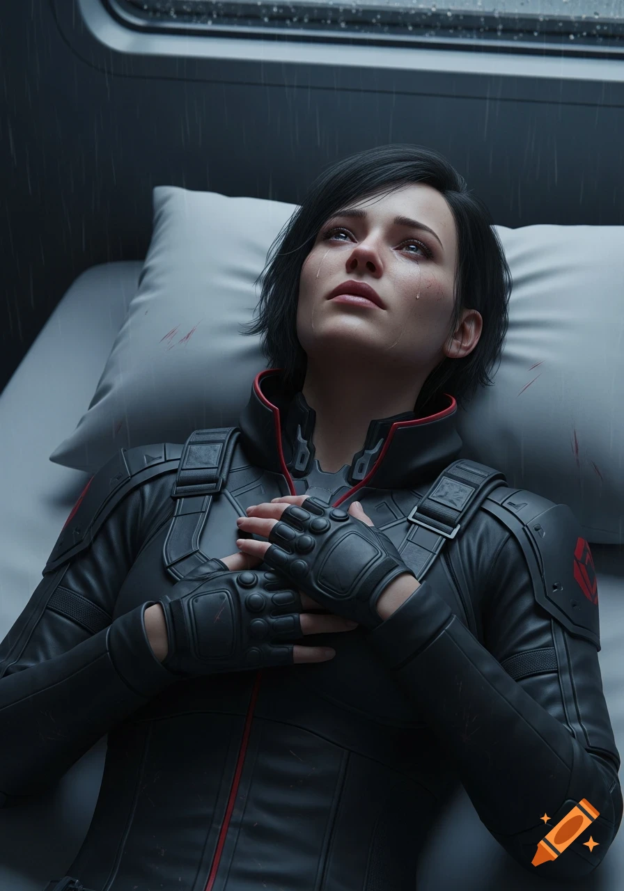 Photorealistic cinematic portrait of a sorrowful female sci-fi soldier in black tactical gear and fingerless gloves, crying while lying on a bed with rain on the window behind her.