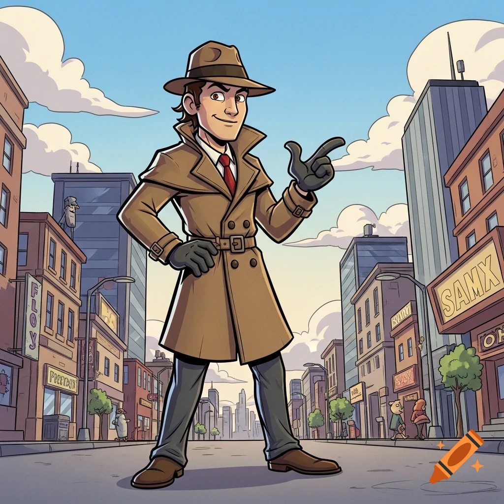 A cartoon detective in a trench coat and hat stands on a city street, pointing to the right.