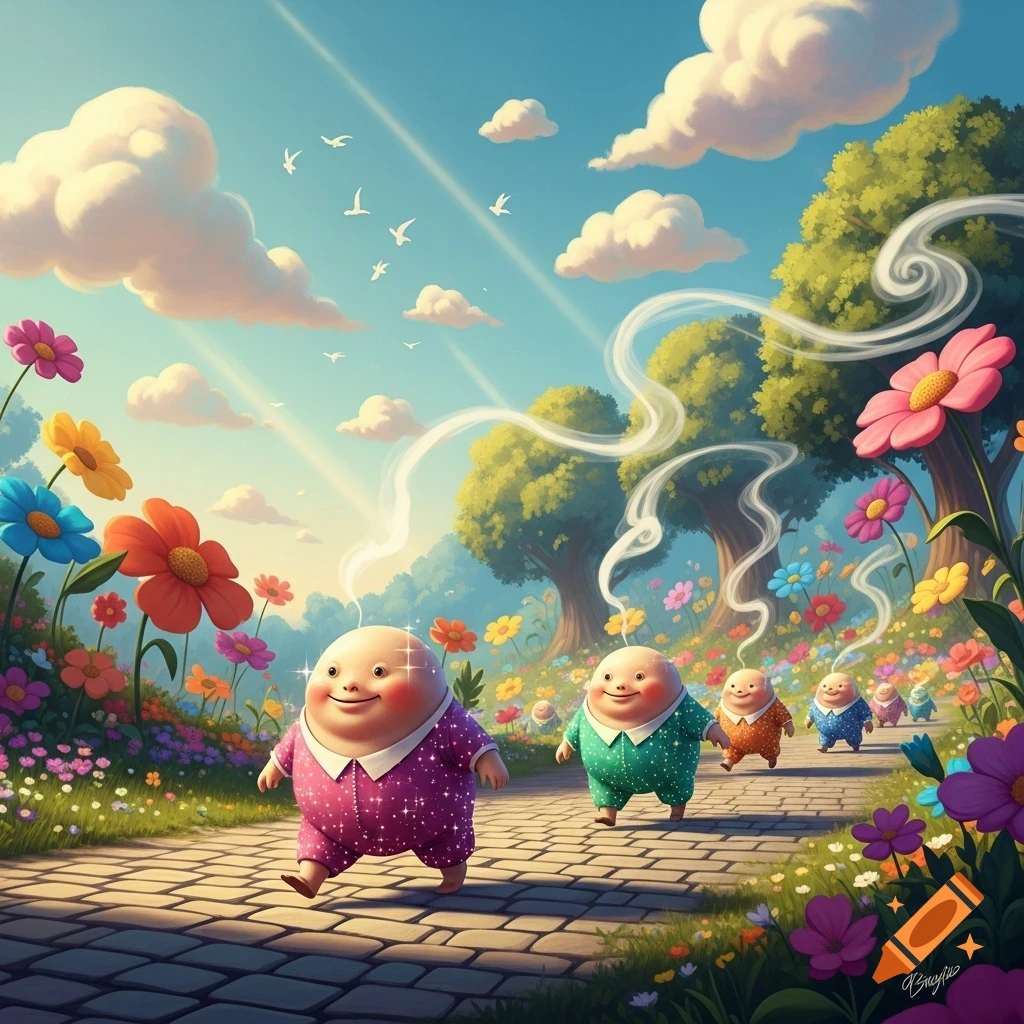 A line of smiling, bald, chubby cartoon creatures in sparkly outfits walk on a path through a vibrant flower meadow under a blue sky.
