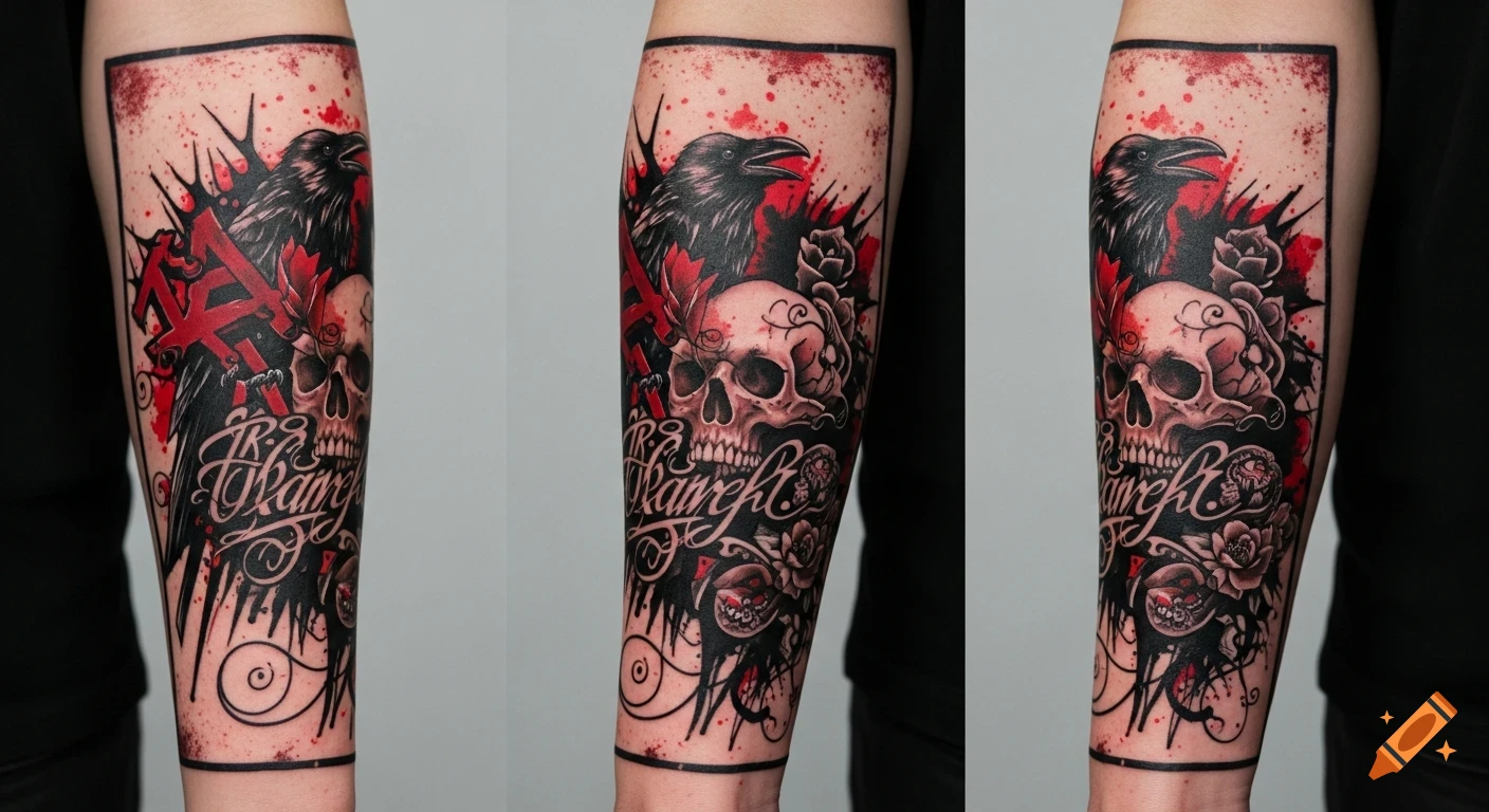 A trash polka tattoo on an arm, featuring a black raven, a skull, red splatters, and stylized script.