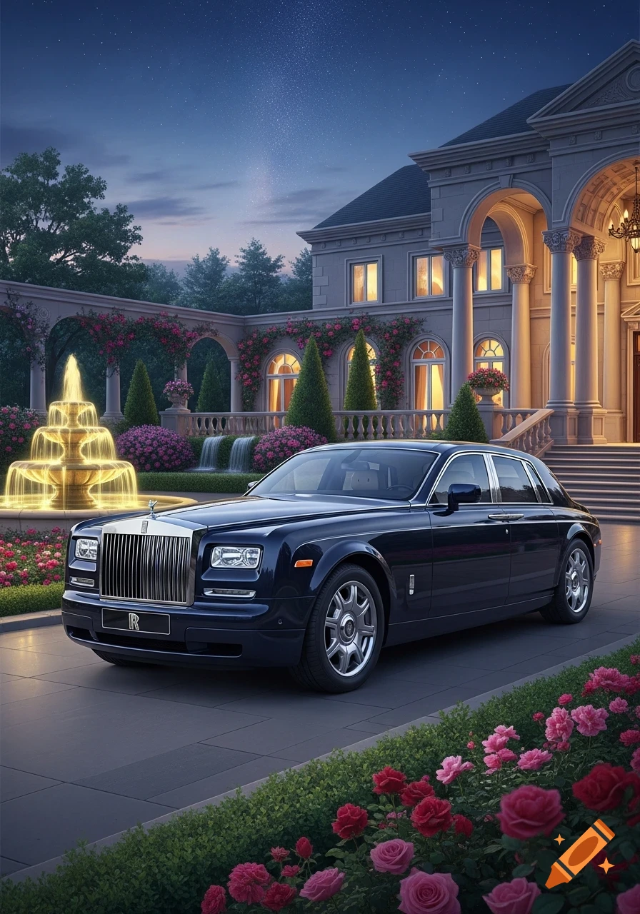 A dark blue Rolls Royce is parked in front of a grand mansion with an illuminated fountain and pink roses at night.