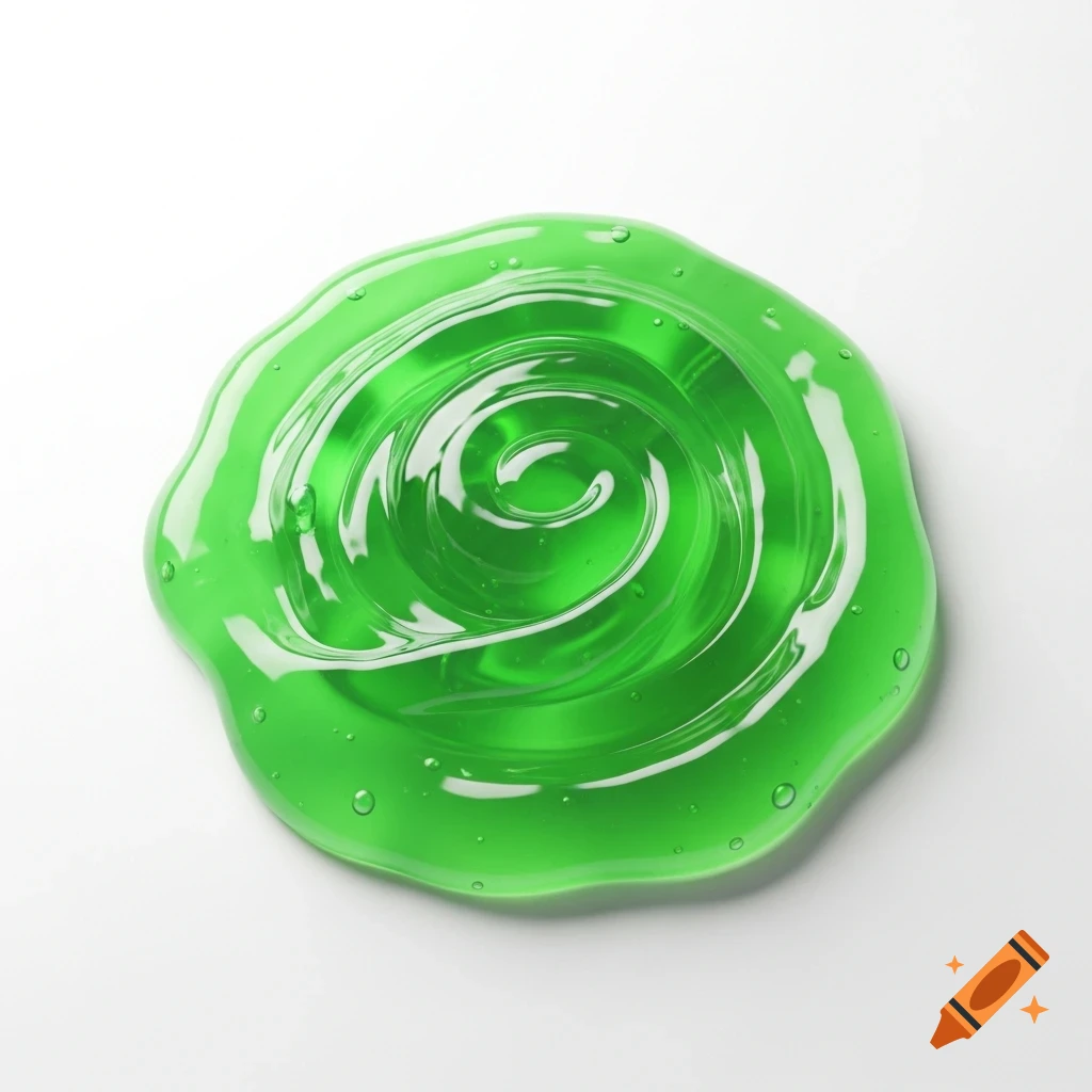 A swirled blob of translucent green slime with small bubbles on a white background.