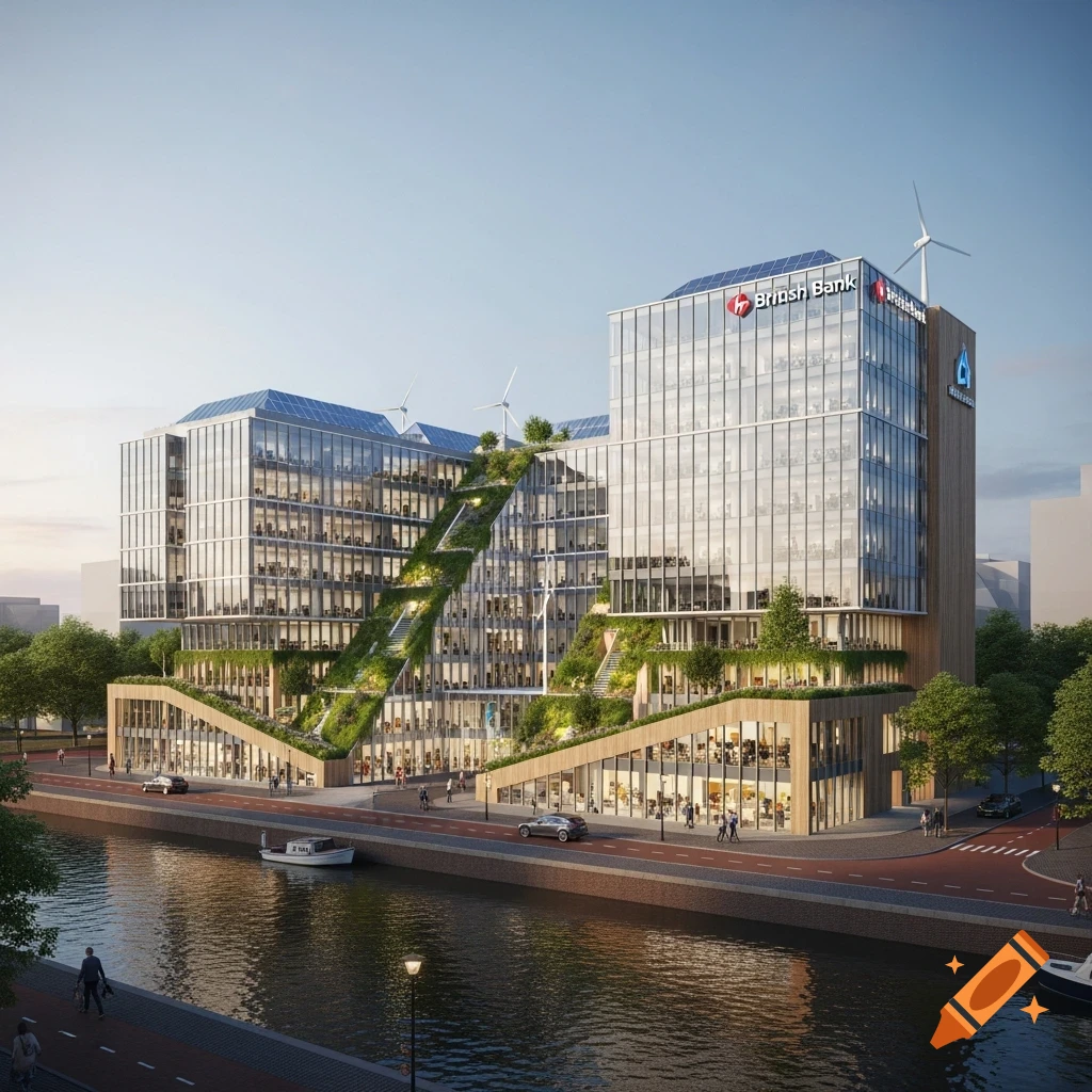 A photorealistic rendering of a modern, green corporate headquarters building with solar panels and wind turbines, situated by a canal in a city.