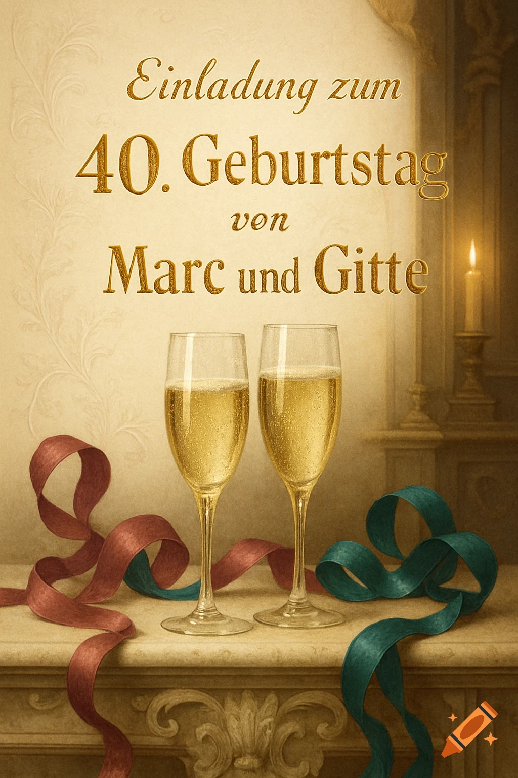 A gold-colored invitation card for a 40th birthday of Marc and Gitte, featuring two champagne flutes, red and teal ribbons, and a lit candle in the background.