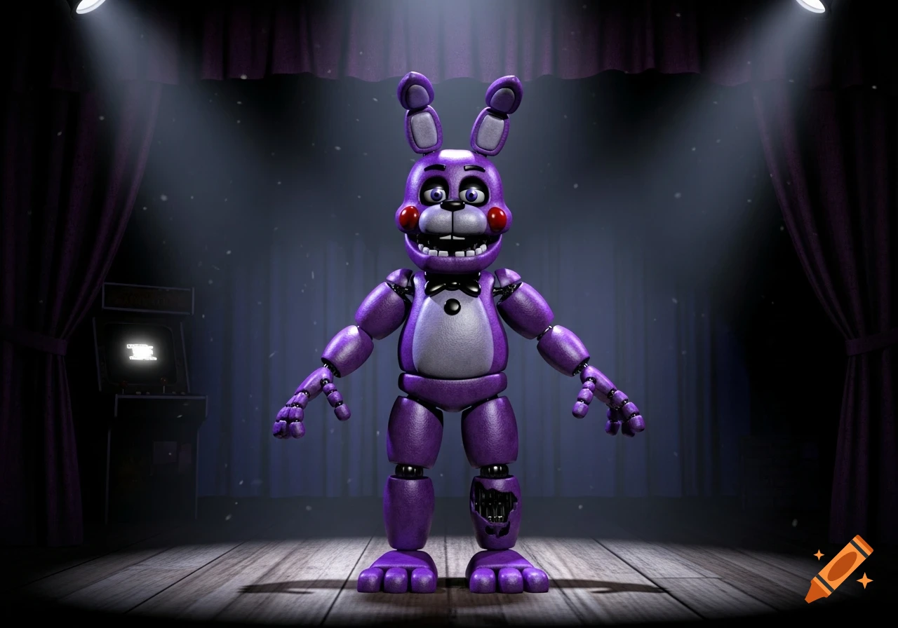 A purple animatronic rabbit, Bonnie from Five Nights at Freddy's, stands on a wooden stage with purple curtains and spotlights.