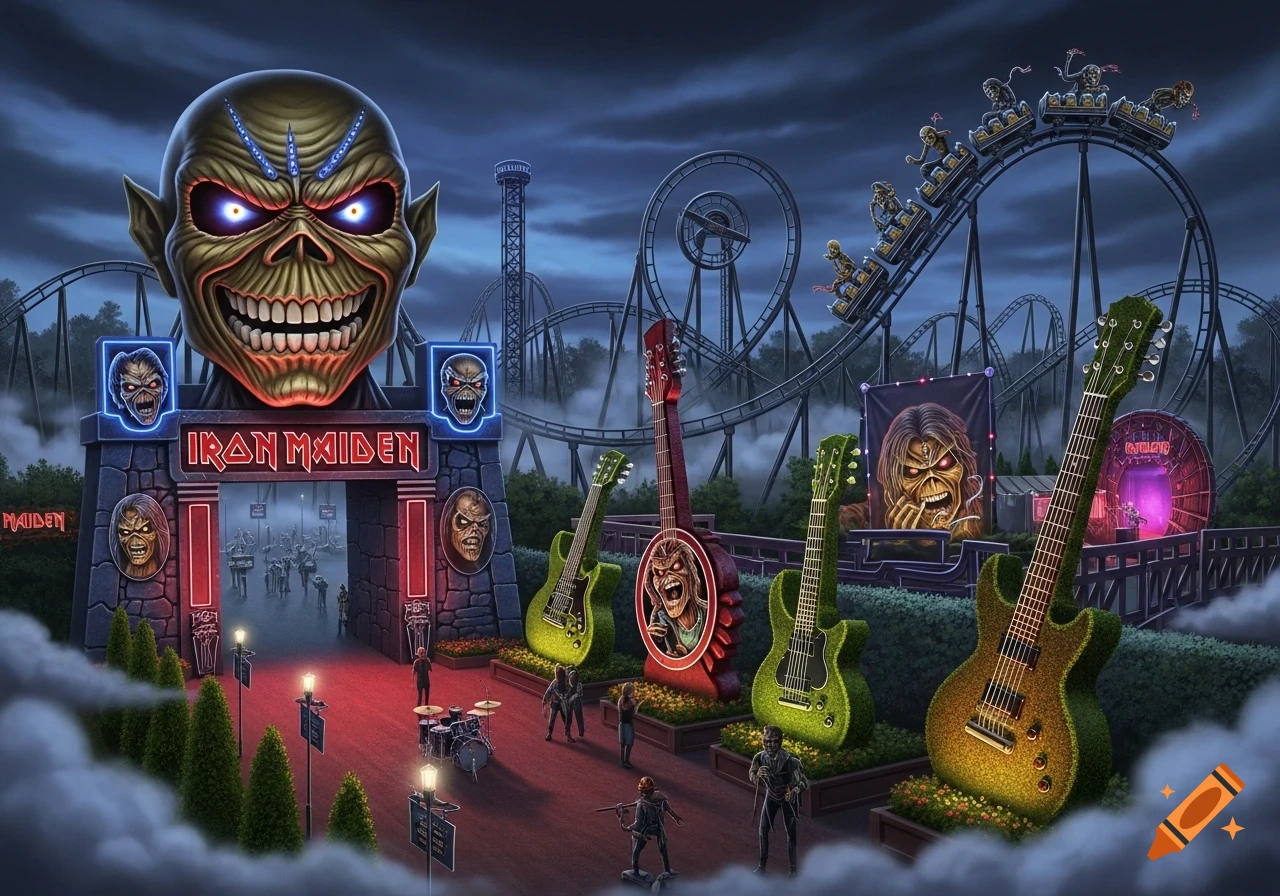 A detailed illustration of an Iron Maiden-themed amusement park at night, featuring a giant Eddie head entrance, rollercoasters, and topiary guitars.