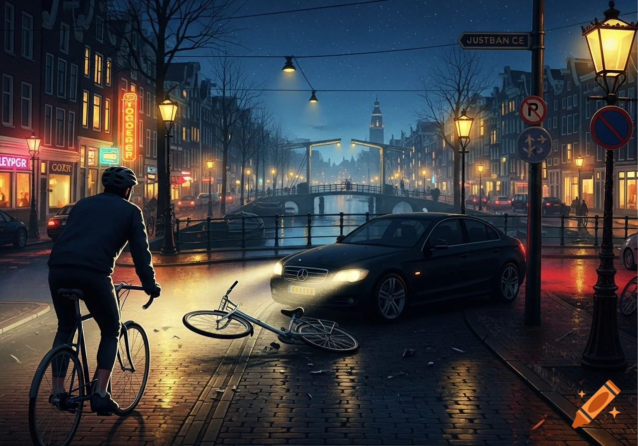 A cyclist on a cobblestone street at night witnesses a fallen bicycle and a car with headlights on, in an Amsterdam-like canal city with illuminated buildings.