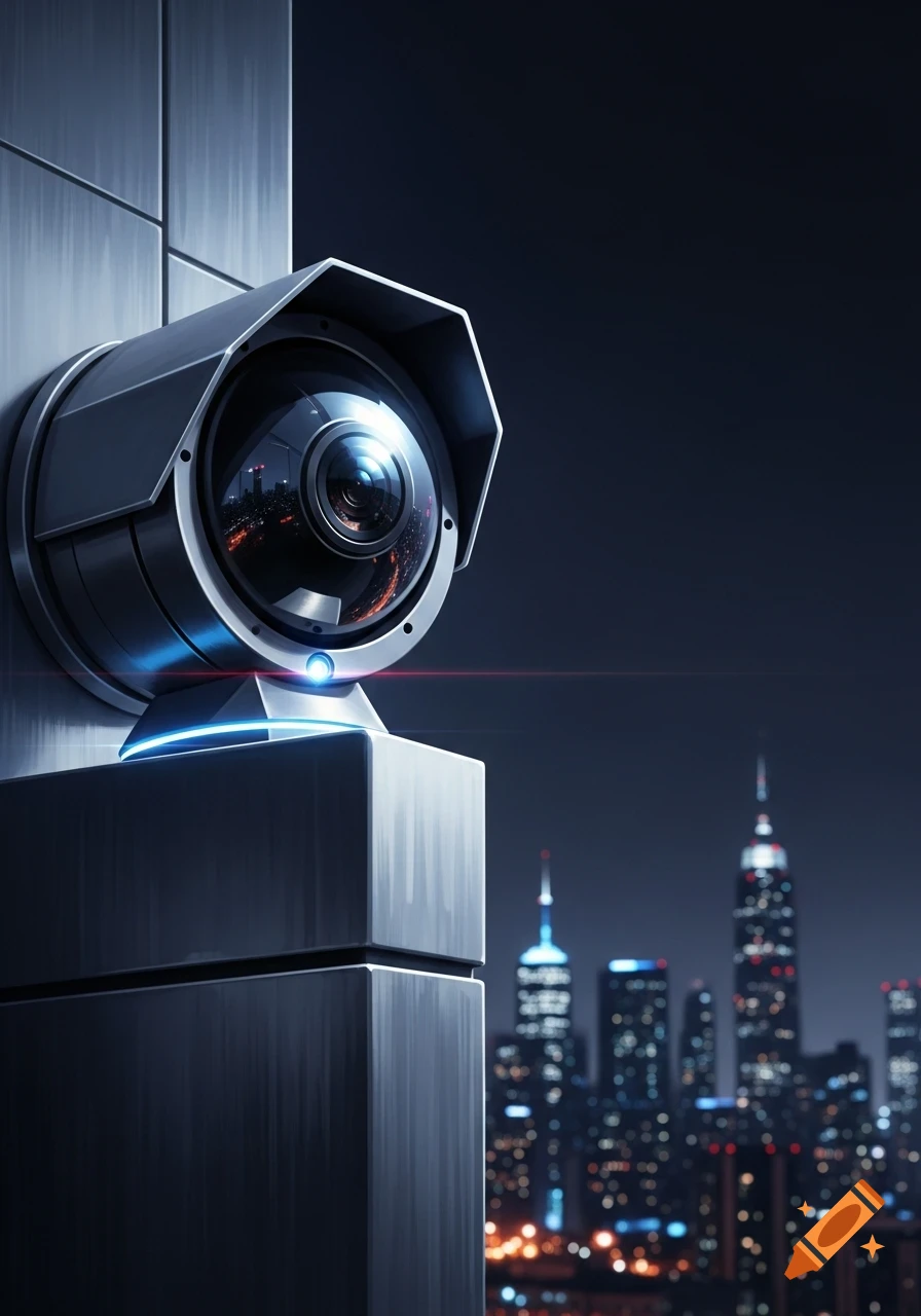 A security camera with a glowing blue light, mounted on a building, overlooks a vibrant city skyline at night.