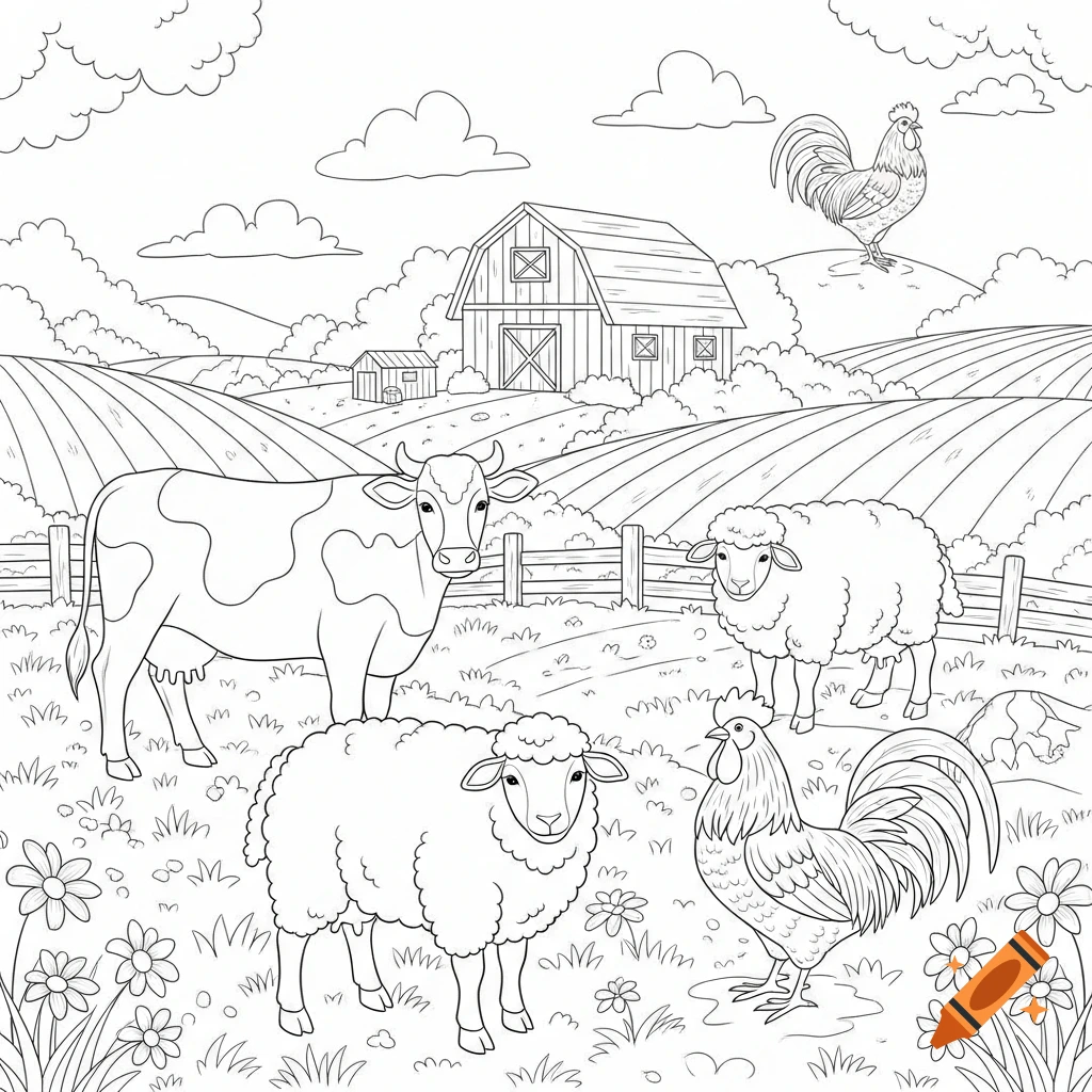 A black and white coloring book illustration of a farm scene with a cow, two sheep, two roosters, a barn, and fields.